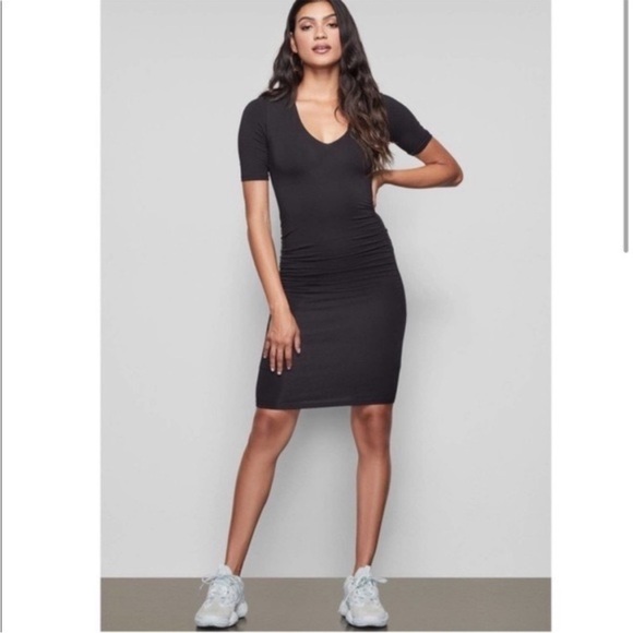Good American Dresses & Skirts - Good American Low Down Mini Ruched Dress Black V Neck Stretch